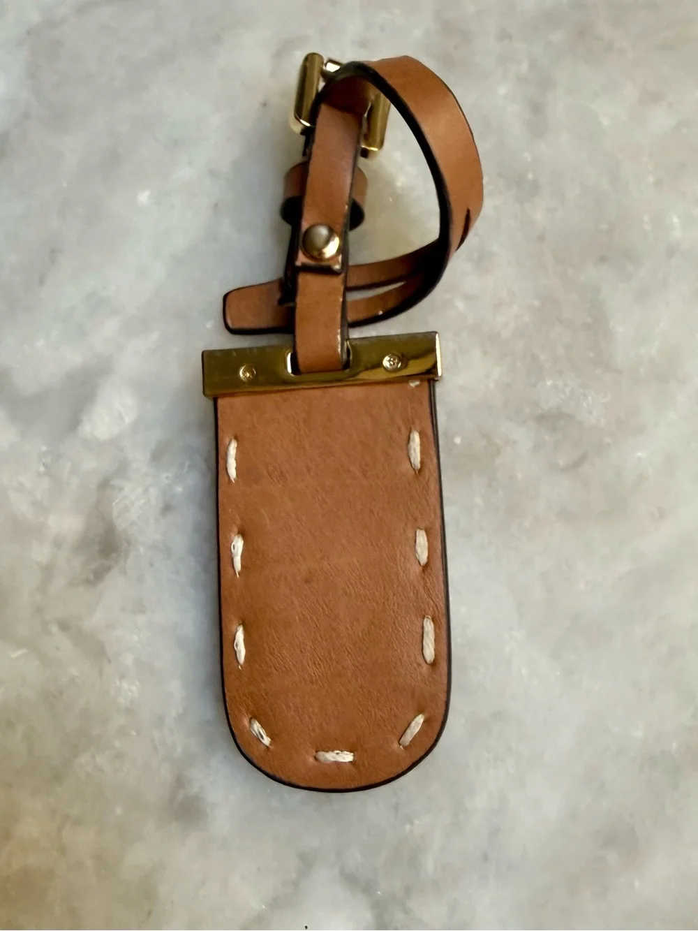 Tommy Hilfiger Brown Leather Luggage Tag Buckle Strap Gold-Tone TH Monogram